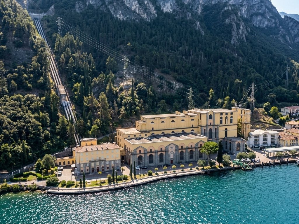 Centrale idroelettrica affacciata su un lago, ai piedi della montagna