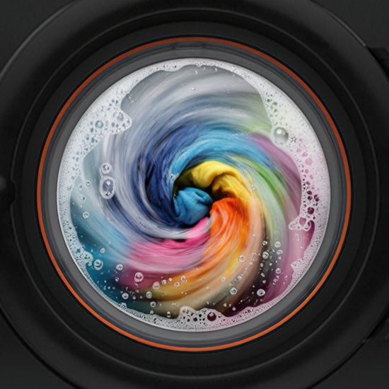 Oblò di una lavatrice con il bucato colorato in movimento